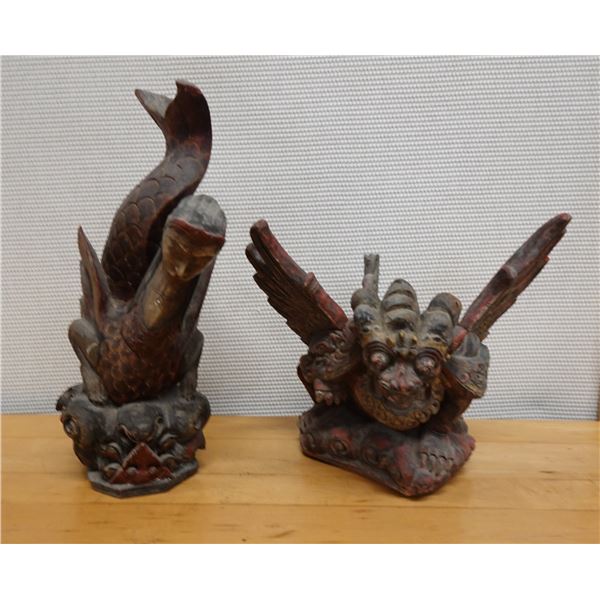 Qty 2 Carved Wooden Sculptures: Winged Lion & Mythological Figure w/ a Fish Tail, Misc Size