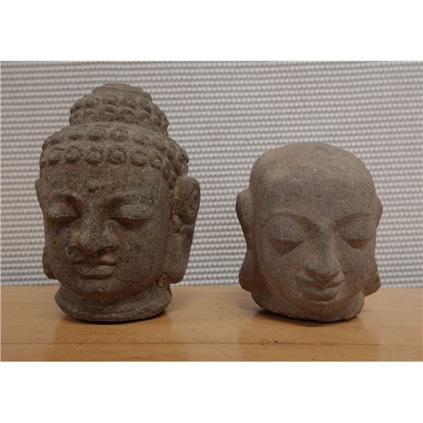 Qty 2 Carved Wooden Buddha Heads, Misc Sizes
