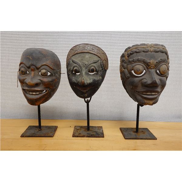 Qty 3 Carved Theater Masks on Metal Stands, Misc Sizes
