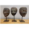 Image 1 : Qty 3 Carved Theater Masks on Metal Stands, Misc Sizes