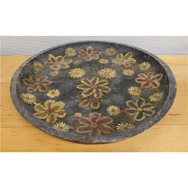 Wooden Tray w/ Painted Flower Motif (cracked) 22"L