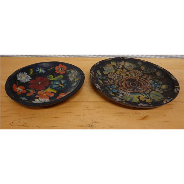 Qty 2 Wooden Trays w/ Painted Flower Motif, Misc Sizes