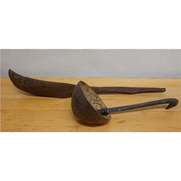 Traditional Wood & Coconut Shell Ladle 15"L & Wooden Spoon 25" L