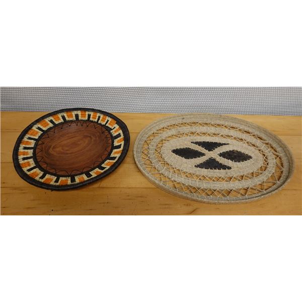 Qty 2 Hand-Woven Baskets - 1 w/ Wood Center, Misc Sizes
