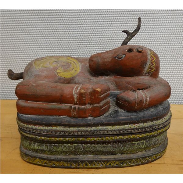 Carved Wooden Nandi Bull Figurine Trinket Box 14" x 7" x 9" H