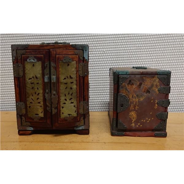 Qty 2 Wooden Hinged Jewelry Boxes w/ Interior Drawers, Misc Sizes