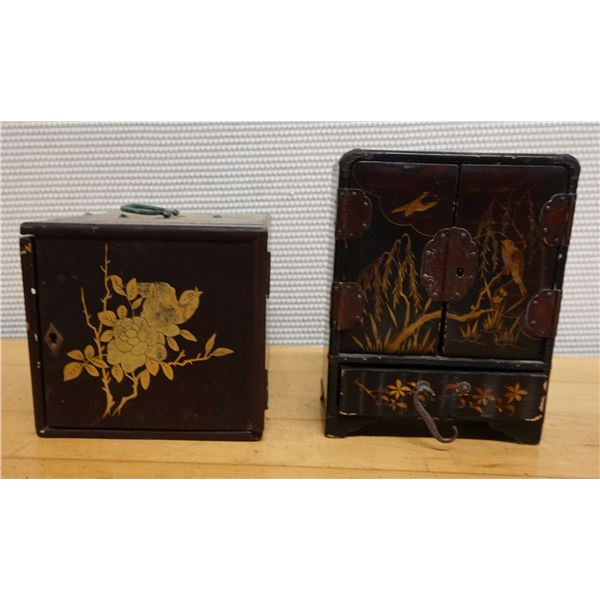 Qty 2 Wooden Hinged Jewelry Boxes w/ Interior Drawers, Misc Sizes