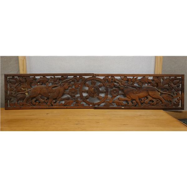 Carved 2-Section Wooden Panel w/ Mythical Creatures & Foliage 12" x 62" Total