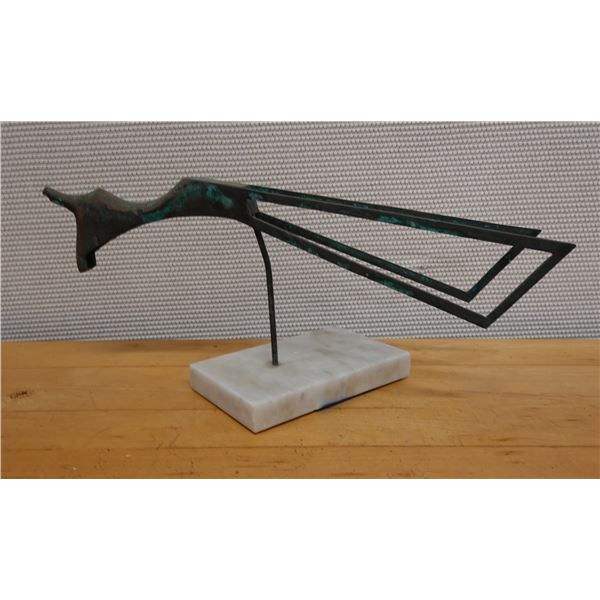 Metal Bird Sculpture on Stone Base Signed by Artist 23" x 9" H