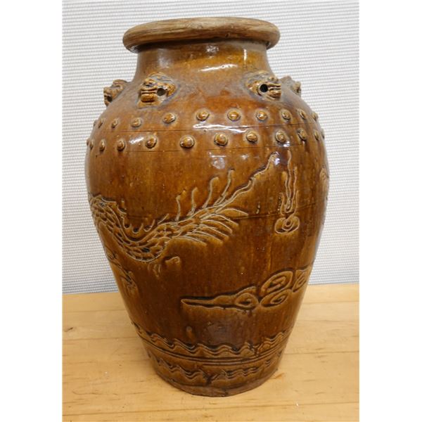 Glazed Ceramic Dragon Jar 9" Dia, 21"H