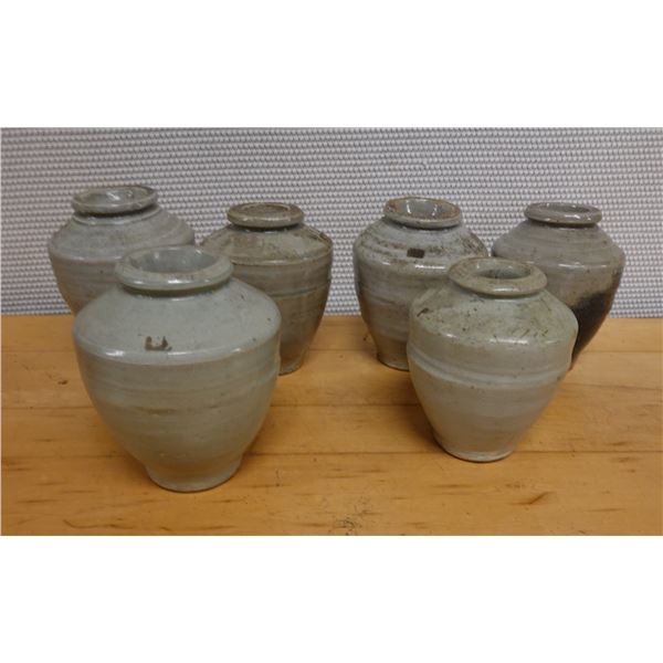 Qty 6 Ceramic Glazed Jars Approx. 4" Dia, 7" L