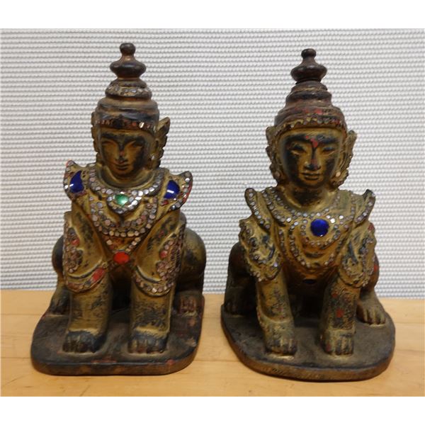 Qty 2 Carved Mythical Half-Human, Half-Lion Creature Figures Approx. 8" x 13" H