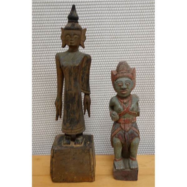 Carved Standing Buddha Statue & Guardian Figure, Misc Sizes