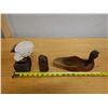 Image 12 : Qty 3 Carved Figures:  Wooden Duck Signed Holden '90, White Head on Base & Small Idol, Misc Sizes