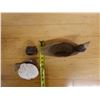 Image 14 : Qty 3 Carved Figures:  Wooden Duck Signed Holden '90, White Head on Base & Small Idol, Misc Sizes