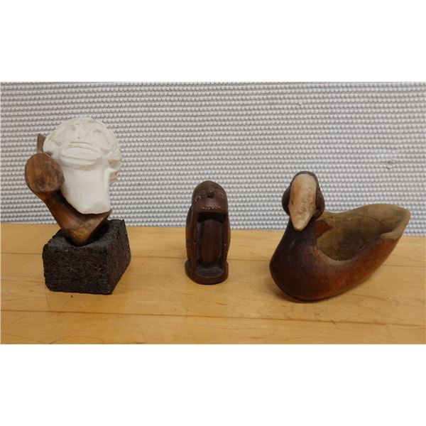 Qty 3 Carved Figures:  Wooden Duck Signed Holden '90, White Head on Base & Small Idol, Misc Sizes