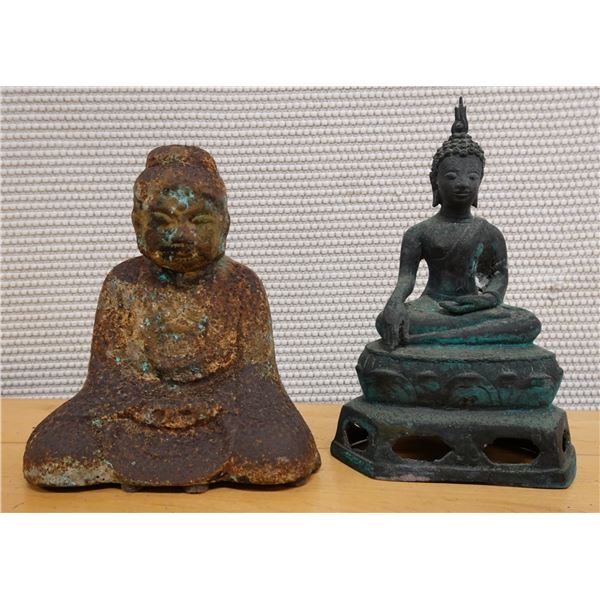 Qty 2 Carved Seated Buddha Statues, Misc Sizes