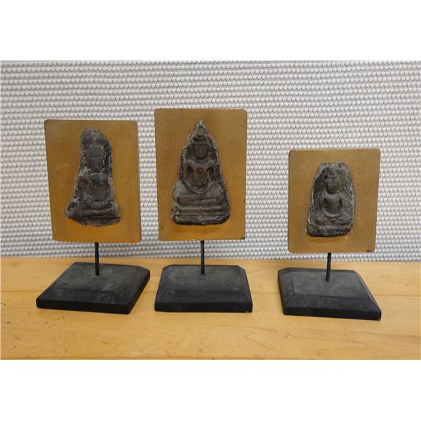 Qty 3 Buddha Amulets, Mounted on Wooden Stands, Misc Sizes