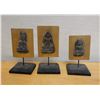 Image 1 : Qty 3 Buddha Amulets, Mounted on Wooden Stands, Misc Sizes