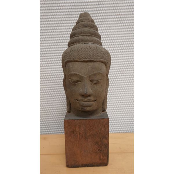 Carved Buddha Head on Wooden Base 4" x 12" H