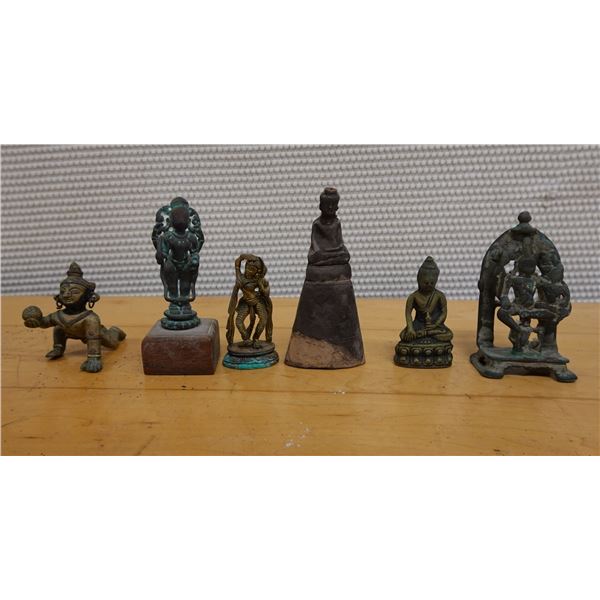 Qty 6 Asian Metal Religious Figurines, Misc Poses & Sizes