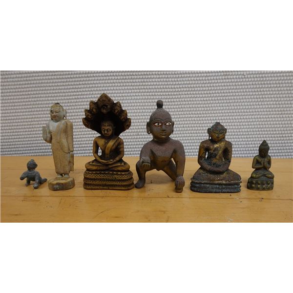 Qty 6 Asian Buddha Figurines, Misc Poses & Sizes
