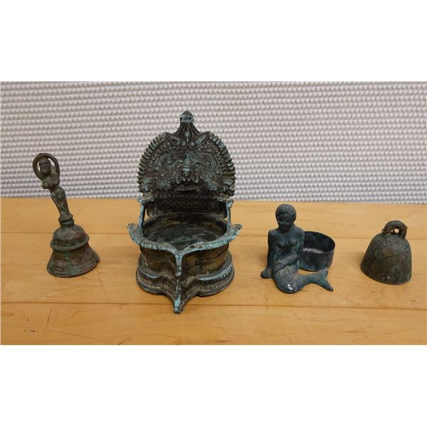 Qty 4  Ritual Oil Lamps & Bells, Misc Sizes