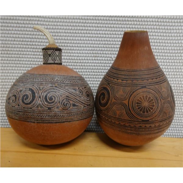 Qty 2 Carved Gourd Containers, Misc Styles & Sizes