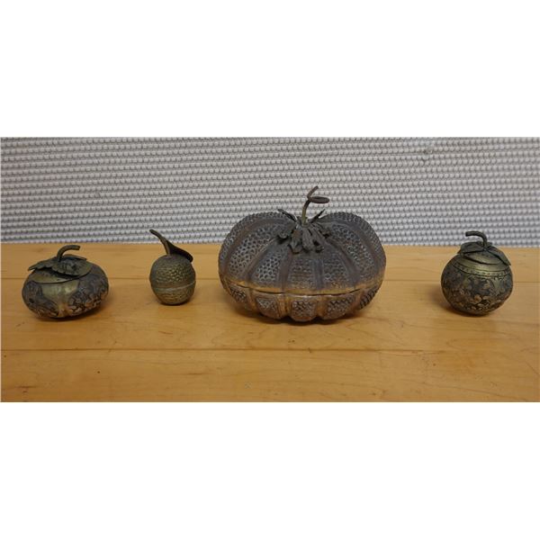 Qty 4 Carved Pumpkin & Nut Trinket Boxes, Misc Sizes