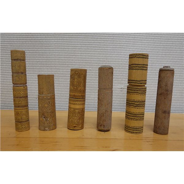 Qty 6 Carved Bamboo Containers, Misc Sizes
