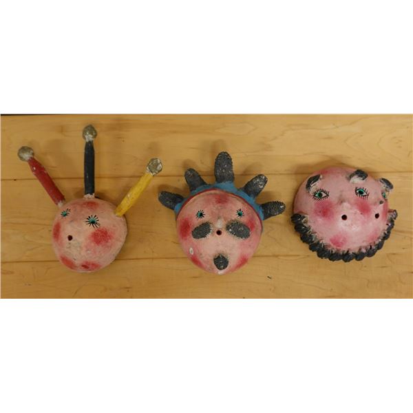 Qty 3 Folk Art Carved Coconut Masks, Misc Sizes