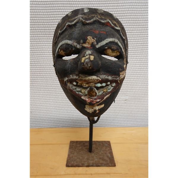 Carved, Painted Ceremonial or Tribal Mask on Metal Stand 5" x 14" H