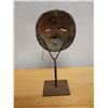 Image 3 : Carved, Painted Ceremonial or Tribal Mask on Metal Stand 5" x 14" H