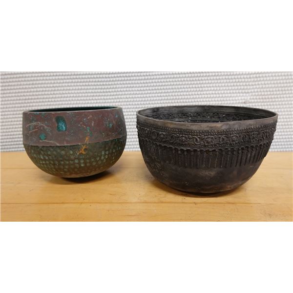 Qty 2 Carved Metal Bowls, Misc Sizes