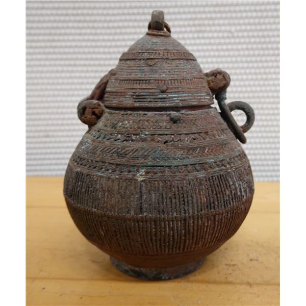 Vintage Carved Art Jar w/ Handles & Lid, 4" Dia, 6" H