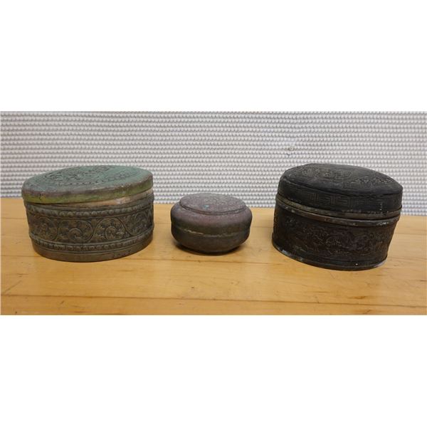 Qty 3 Carved Metal Round Trinket Boxes w/ Lids, Misc Sizes