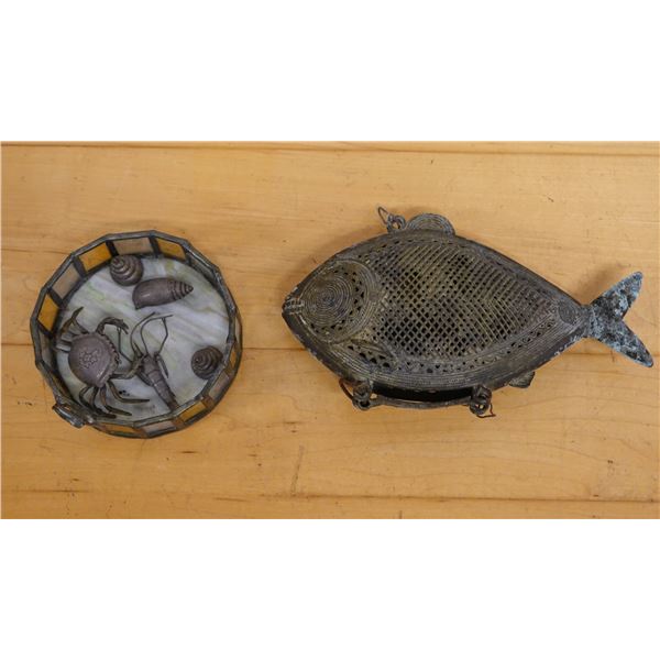 Metal Fish Incense Burner & Round Stained Glass Jar w/ Small Shell & Crab Figurines, Misc Sizes