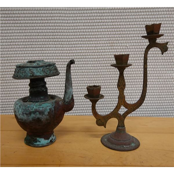 Vintage Metal Oil Lamp & 3-Arm Candelabra, Misc Sizes