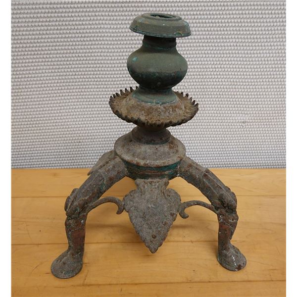Carved Metal Candelabrum or Lamp Stand w/ Tripod Base & Animal Feet 9" x 13.5" H