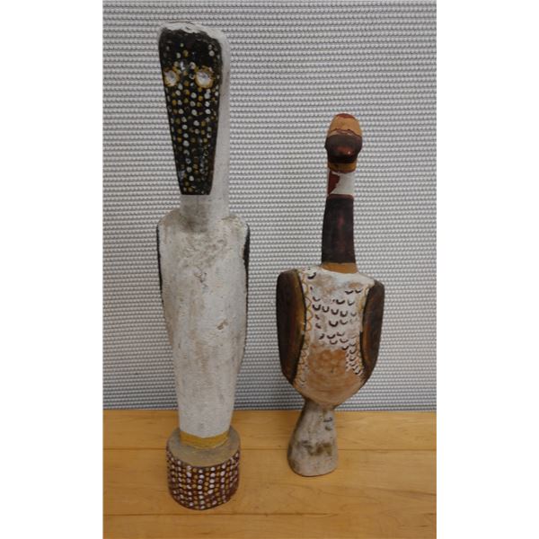 Qty 2 Carved Wooden Bird Sculptures, Misc Sizes
