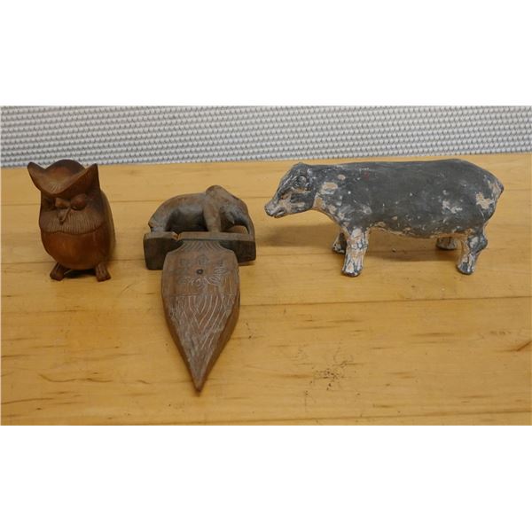 Qty 3 Carved Figurines: Owl, Elephant Letter Opener & Pig, Misc Sizes