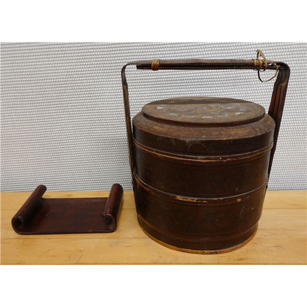 Vintage Asian 2-Tier Bento Basket & Wooden Scroll Stand, Misc Sizes