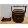 Image 1 : Vintage Asian 2-Tier Bento Basket & Wooden Scroll Stand, Misc Sizes