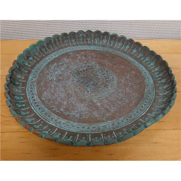 Carved Metal Platter w/ Scalloped Edges 17" Dia, 2"H
