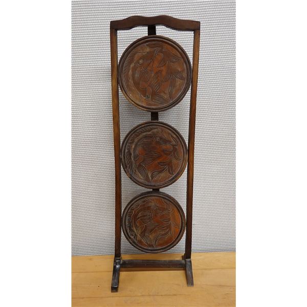 Carved Wooden 3 Tier Folding Stand 9" Dia, 32"H