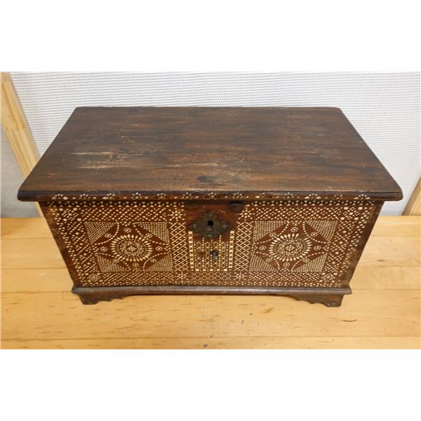 Carved Wooden Hinged Chest w/ Mother of Pearl Inlay, 27" x 13" x 15"H