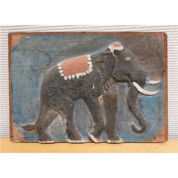 Carved & Painted Wooden Elephant Wall Panel 17" x 12"