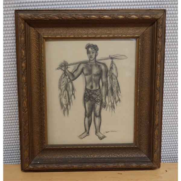 Fisherman Original Artwork by Artist J. Bouillaini (?), Wood Framed 13" x 14"