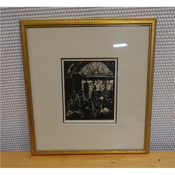 Hawaii Crowd Scene, Wood Block Original Art by Artist J.M. Fraser, 11" x 13" Framed & Matted