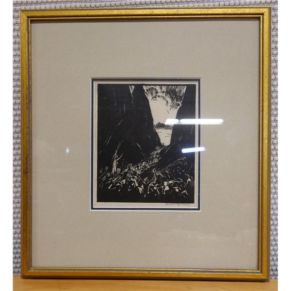Battle Scene Wood Block Artwork by Juliet May Fraser, 11" x 13" Framed & Matted